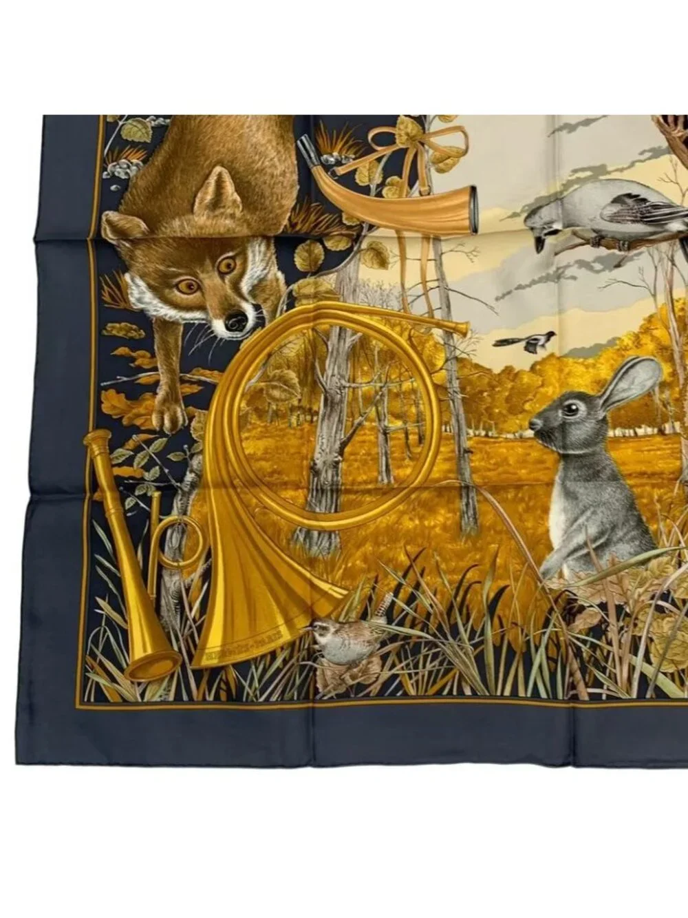 Hermes Scarf Silk Carre 90 Chasse Au BOIS Forest Hunting Gray